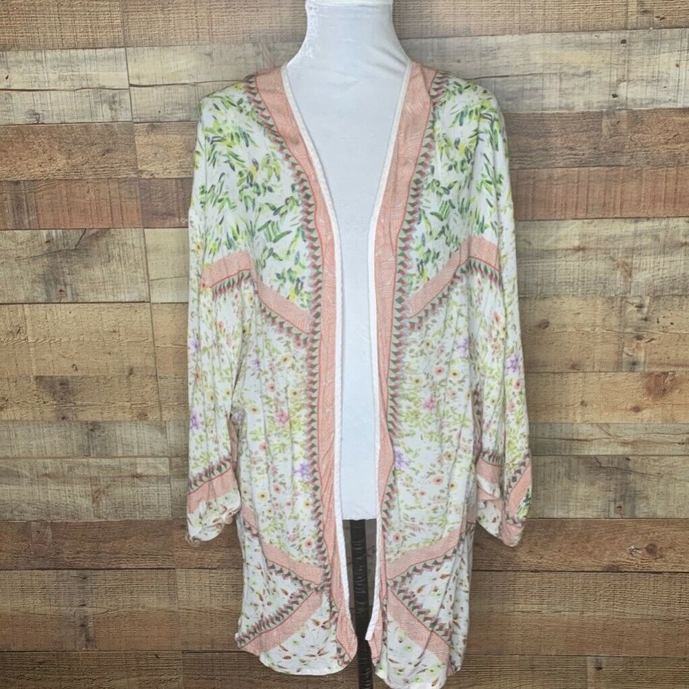 Bl-nk Anthropologie Cardigan Green Pink Open Front